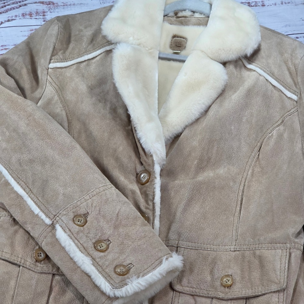 Wilsons Genuine Suede Leather Jacket Womens XXL Tan Good Faux Fur Lined Coat